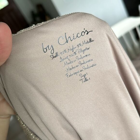 Chico’s Gold Metallic Scalloped Fringe Trim Dressy Top - Picture 9 of 11